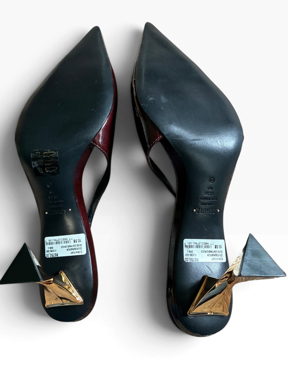 Schutz Elisha Burgundy Maplewood Patent Leather Slingback Pumps Gold Heels 10.5 - Picture 9 of 15